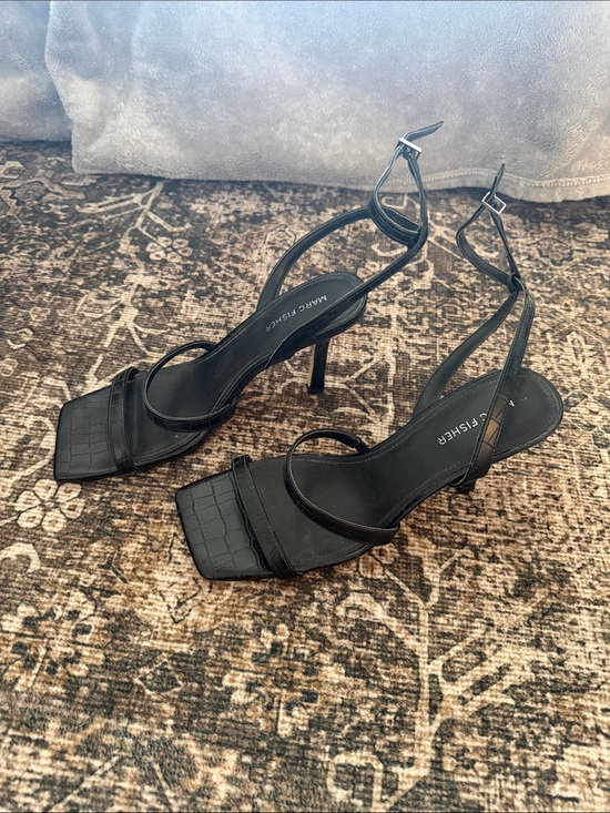 Marc Fisher Shoes - Marc Fisher Black Croc-Embossed Square-Toe Strappy Heels